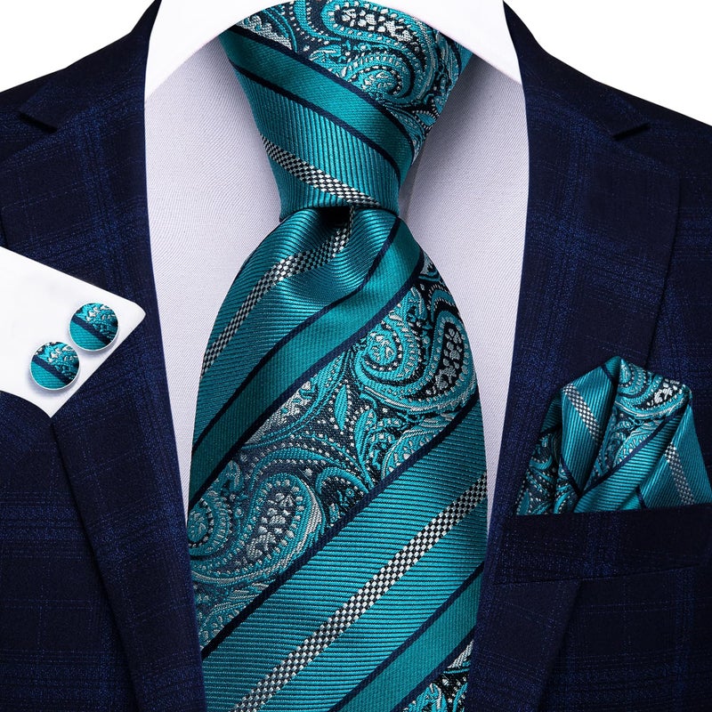 Hi-Tie Men 63inches Tie Set Extra Long Necktie Paisley Tie Pocket Suqare Cufflinks Big and Tall Men Tie,Teal - Image 3